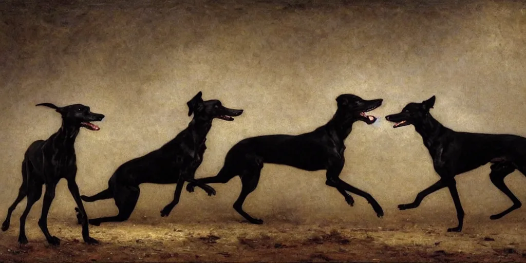 Image similar to black greyhounds running in the night, dark environment, by wiliam bouguereau, nicola samori and andrew wyeth. highly detailed, realistic. dark atmosphere