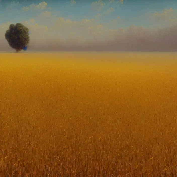 Image similar to a beautiful painting of a field of golden wheat by ivan aivazovsky, zdzisław beksinski, rene magritte, greg rutkowski, james gurney, in style of digital art. hyper detailed. octane render. maya. ray tracing. trending on artstation