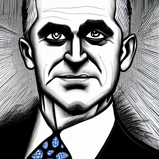 Prompt: bright demonic glowing eyes, digital illustration of secretary of denis mcdonough face, cover art of graphic novel, evil laugh, menacing, Machiavellian puppetmaster, villain, clean lines, clean ink