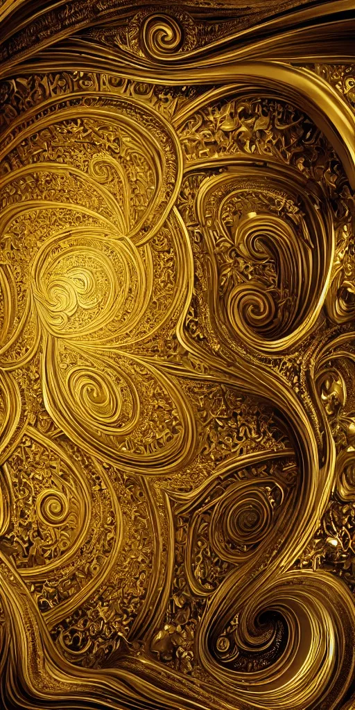 Image similar to the source of future growth dramatic, elaborate emotive Golden Baroque and Rococo styles to emphasise beauty as a transcendental, seamless pattern, symmetrical, large motifs, sistine chapel ceiling, 8k image, supersharp, spirals and swirls, Gold black rainbow and white colors, perfect symmetry, 3D, no blur, sharp focus, photorealistic, insanely detailed and intricate, cinematic lighting, Octane render, epic scene, 8K