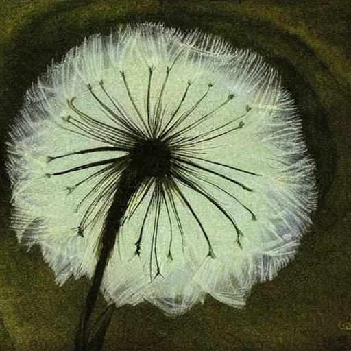 Image similar to a beautiful fairytale painting of a dandelion seed that is also a fairy. the dandelion seed is the body of the fairy. beautiful clear painting by arthur rackham