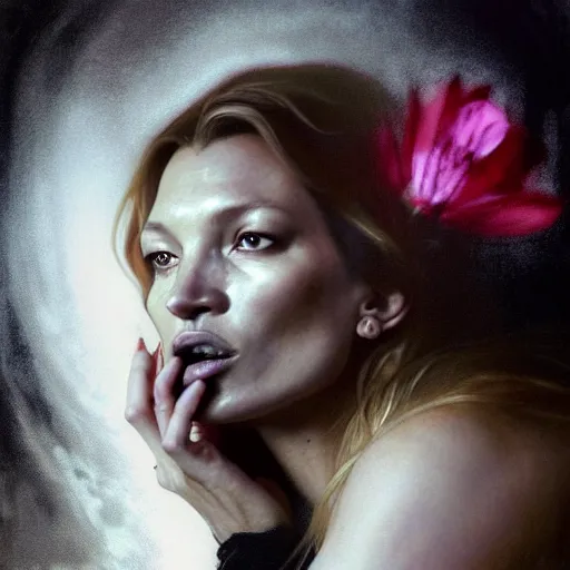 Image similar to hyperrealistic portrait of a woman as kate moss as a vampire witch tears makeup in a black flower coat turned back while closing a window over the shoulder shot portrait torn apart with falling petals in wind. by jeremy mann and alphonse mucha, fantasy art, photo realistic, dynamic lighting, artstation, poster, volumetric lighting, very detailed faces, 4 k, award winning