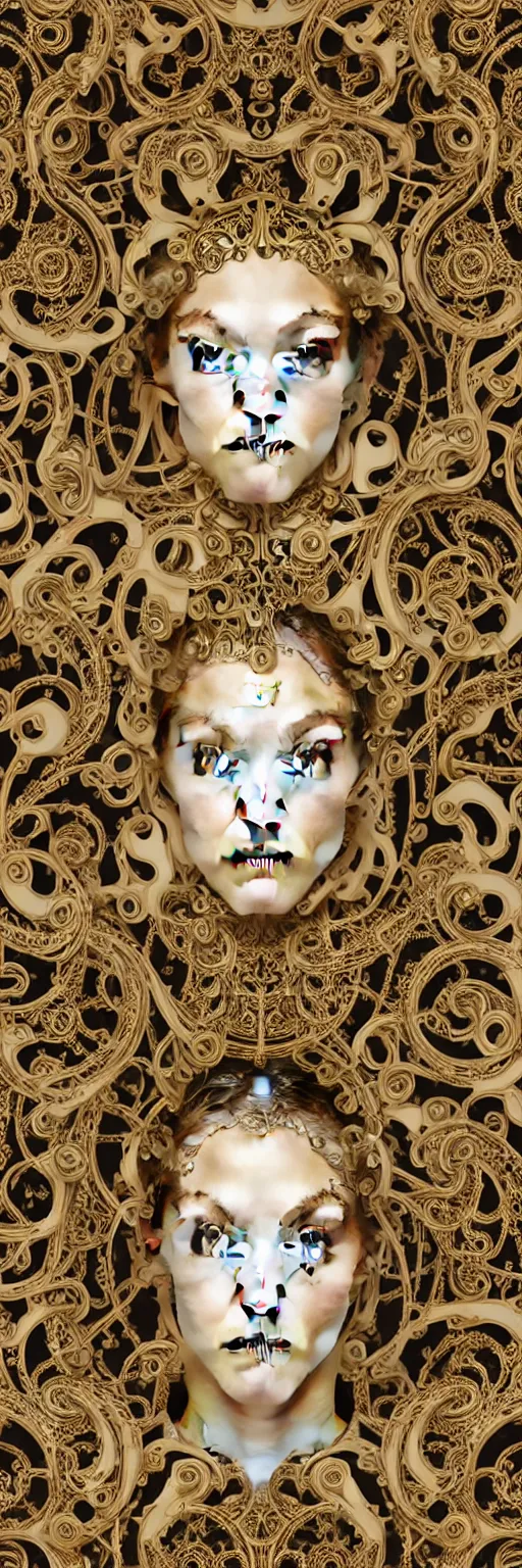 Prompt: seamless pattern of beautiful cybernetic baroque robot, beautiful baroque porcelain face + body is clear plastic, inside organic robotic tubes and parts, damask patern, front facing, wearing translucent baroque rain jacket, carved gold panel + symmetrical composition + intricate details, hyperrealism, wet, reflections + by alfonse mucha, no blur