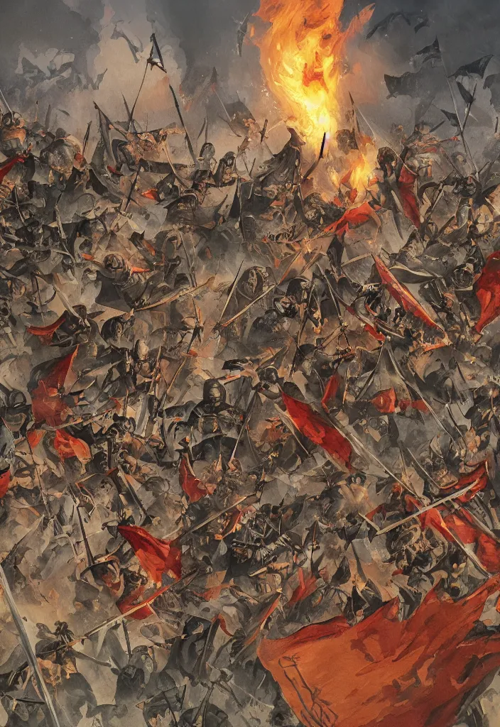 Image similar to handmade illustration of an epic medieval battle between a very small group of medieval soldiers, a few banners and flags, flying arrows, a small castle at the background, some smoke and fire, line art, ink, watercolor by Kilian Eng and by Jake Parker, heavy brushstrokes, winning-award masterpiece, fantastic, octane render, 8K HD Resolution, High quality image