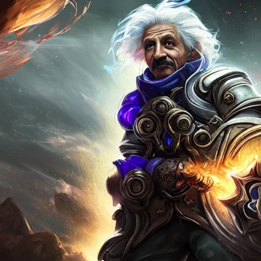 Image similar to portrait of albert einstein as a spellcaster, league of legends amazing splashscreen artwork, gears of war, splash art, natural light, elegant, photorealistic facial features, intricate, fantasy, detailed face, atmospheric lighting, anamorphic lens flare, cinematic lighting, league of legends splash art, hd wallpaper, ultra high details by greg rutkowski