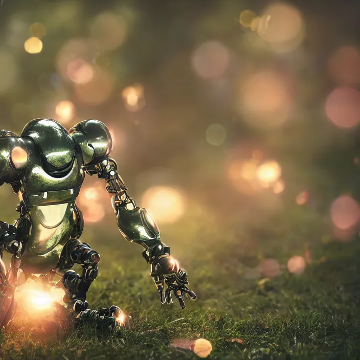 Image similar to overgrown foliage taking over a robot body on the ground, close - up, 3 5 mm, f 1. 8, bokeh, beautiful, lens flare, emotional, sweet, flowers, detailed, picture, trending on artstation, award - winning, shiny, golden