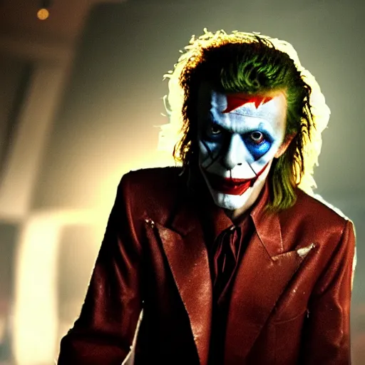 Image similar to awe inspiring David Bowie pkaying The Joker 8k hdr movie still dynamic lighting