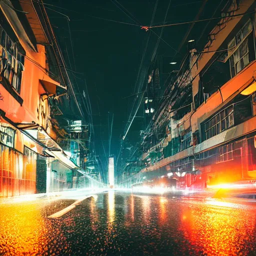 Prompt: a city street at night, raining, photograph, cars on the road, cyberpunk