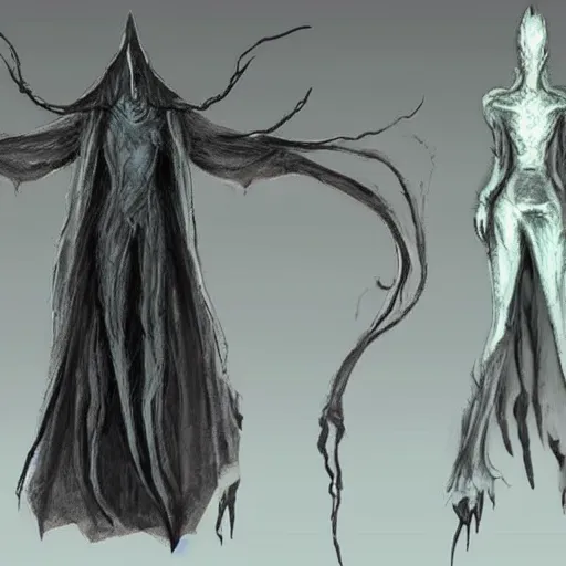 Image similar to concept designs for an ethereal wraith like figure with a squid for a head that has latched onto a human host and wearing a cloak like a bat that floats around collecting vials and jars for unknown reasons like a crow would and that hides amongst the shadows for the resident evil game franchise with inspiration from the franchise Bloodborne and the mind flayer from stranger things on netflix
