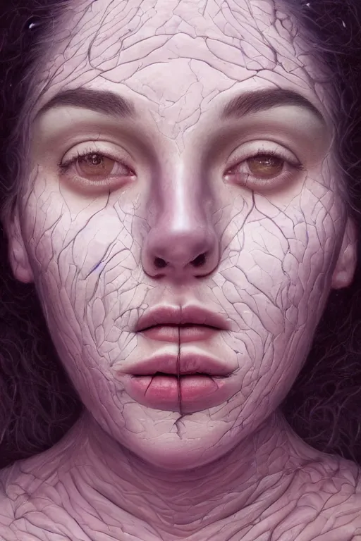 Image similar to woman's face close up portrait, eyes shut, third eye open, chakra energy waves resonating from her body, ethereal aura, epic surrealism 8k oil painting, portrait, perspective, high definition, post modernist layering, by Sean Yoro, Gerald Brom