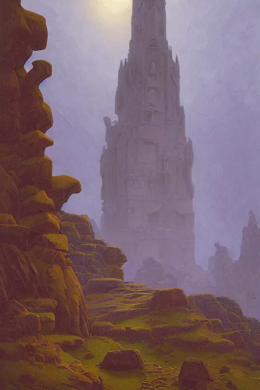 Image similar to enchanted stone tower in the mist, by Sylvain Sarrailh and Nicholas Roerich and jean delville and Tyler Edlin and William Dyce, dramatic cinematic lighting , beautiful garden, ornate carved architecture, smooth, sharp focus, extremely detailed