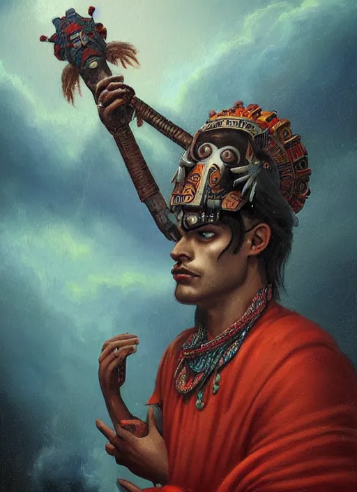 Prompt: portrait of tlaloc the aztec god of rain and thunder, by bogdan rezunenko and denys tsiperko and tom bagshaw, magic realism