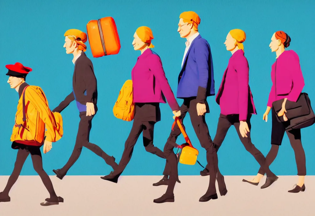 Image similar to full body portrait of a trio of european tourists autumn travel apparel, various poses walking and carrying luggage, character designs painting, in the style of wes anderson, rene magritte, lola dupre, david hockney, isolated on white background, dark monochrome neon spraypaint accents volumetric octane render