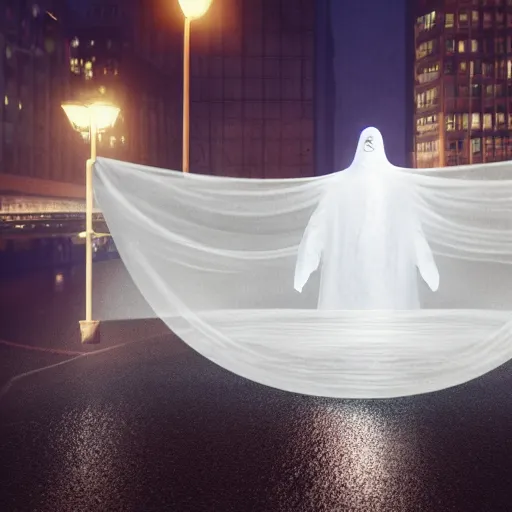 Image similar to digital portrait of ghost under a sheet, floating over a city sidewalk, city night lights, spooky Halloween fun, trending on artstation, 8k, 4k, volumetric lighting, unity