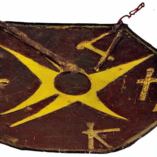 Image similar to early byzantine pentekonter ship, primitive, chi - rho flag, single rowing deck