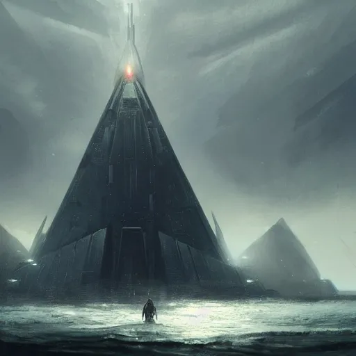 Image similar to star wars concept art by greg rutkowski, a palatial and imposing grey tall triangular pyramid tech tower emerging from the sea in the middle of a ocean landscape, enigmatic atmosphere, beautiful and cinematic lighting, artstation hq.