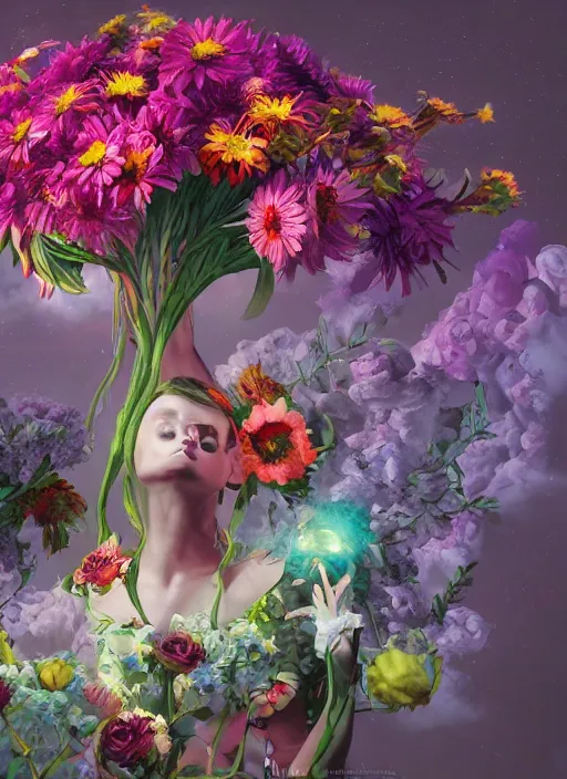 Image similar to An epic fantastic realism comic book style painting of the most beautiful flowers launched across the galaxy, bouquets, fisheye lens, unreal 5, DAZ, hyperrealistic, octane render, dynamic lighting