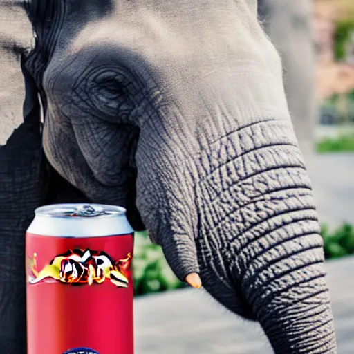 Prompt: product photography, a can of red bull on a table, an elephant is behind drinking the red bull through a straw