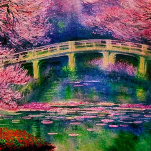 Image similar to landscape with cherry blossom trees and waterfalls, detailed luminescent high contrast watercolor painting in the style of monet, 4 k