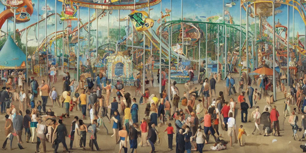 Image similar to painting of people at an amusement park in the style of bosch