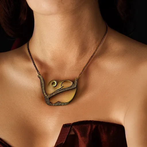 Image similar to ultra - photorealistic, a portrait of a woman that only shows her neck and chest, with a pendant with the letter p, and also shows the dress she is wearing, ultra - photorealistic, 4 k, 8 0 0 mm, uhd. winning photo of the year