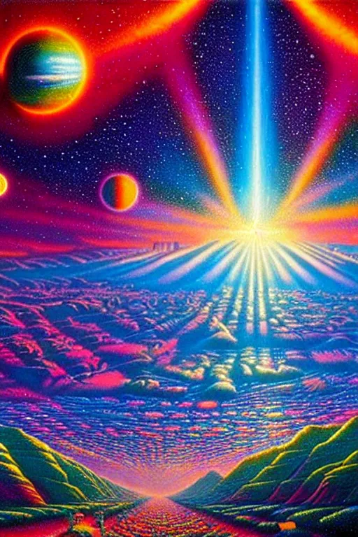 Prompt: a photorealistic detailed image of a beautiful vibrant iridescent future for human evolution, spiritual science, divinity, utopian, by david a. hardy, kinkade, lisa frank, wpa, public works mural, socialist