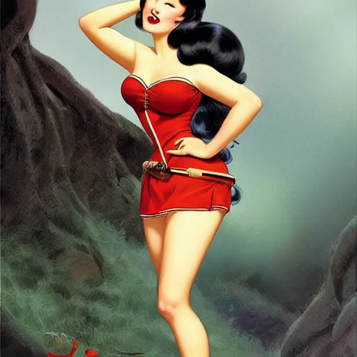 Image similar to pin - up portrait of a beautiful young curvaceous mulan, pretty long hair, intense flirting, showing curves, symmetrical face, digital art, smooth, extremely detailed,, by wu bayard, by gil elvgren, by ralph horsley, by hanks steve