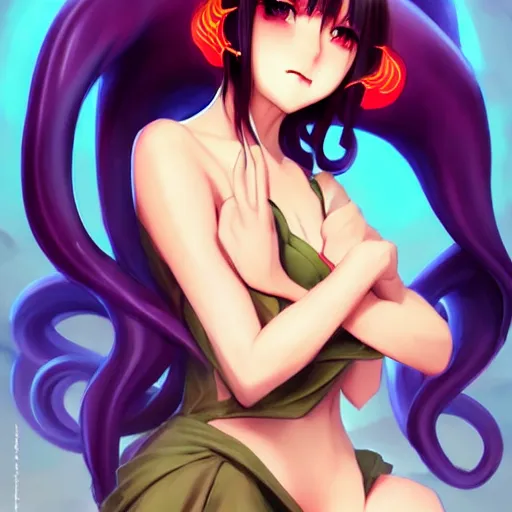 Prompt: cthulhu humanisation as a cute anime girl pinup, by rossdraws, wlop, boris vallejo, gil elvgren, enoch bolles, sleek curves, pixiv award winning, epic light