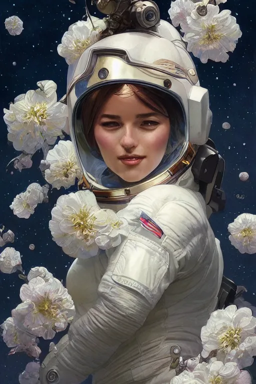 Image similar to ultra realistic illustration, astronaut with flowers blossoming from helmet, elegant, highly detailed, digital painting, concept art, smooth, sharp focus, illustration, art by artgerm and greg rutkowski and alphonse mucha