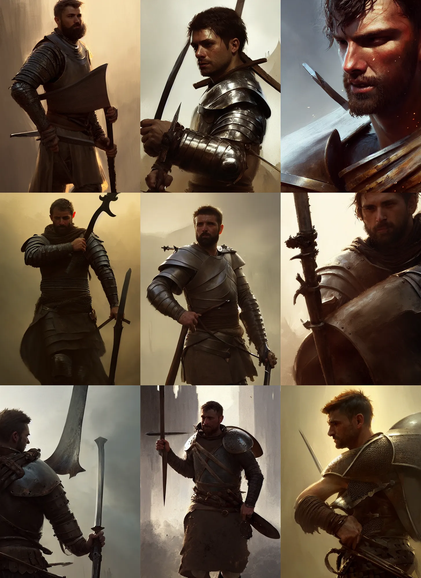 Image similar to medium close up of male medieval warrior walking with weapon on shoulder, brown hair, dirty face, realistic cinematic lighting, photorealistic, reflections, glistening, sweat, greg rutkowski, wlop, ruan jia, artgerm, craig mullins, pixiv, artstation, octane renderer