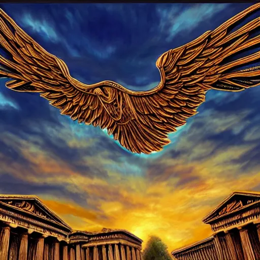 Prompt: the Parthenon with wings on its sides, flapping its wings flying in sunset sky, oil on canvas, intricate, 8k highly professionally detailed, HDR, CGsociety