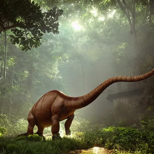 Image similar to a brontosaurus with battle armor and mounted guns walking in a lush jungle, unreal engine, hyperrealistic, volumetric lighting, raytraced