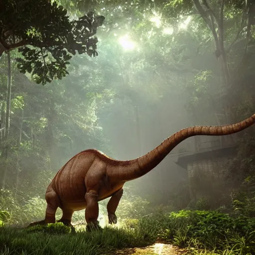 Prompt: a brontosaurus with battle armor and mounted guns walking in a lush jungle, unreal engine, hyperrealistic, volumetric lighting, raytraced