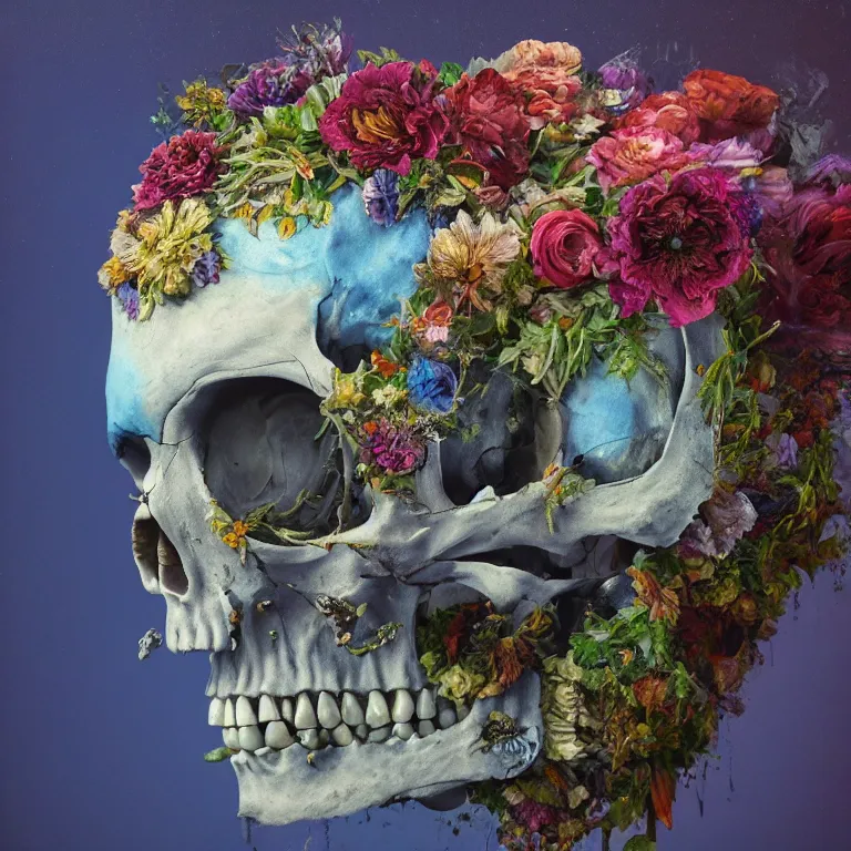 Image similar to A beautiful oil painting hyperrealism of a decayed head, rotting clay skin, skull bones, flowers, floral headdress, 8k resolution, octane render, Trending on artstation, by Gediminas Pranckevicius, volumetric light 2blue fractal Thunder glow by dan mumford, anaglyph effect, Laurie Lipton