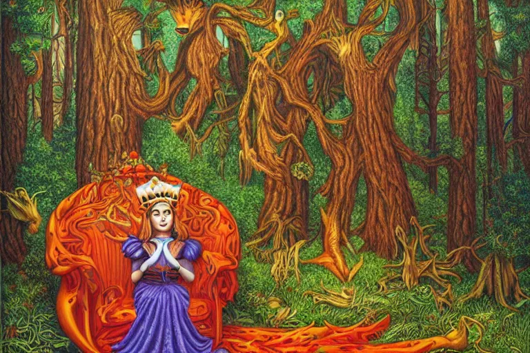 Image similar to a calm beautiful queen sitting in the forest by todd schorr, portrait,