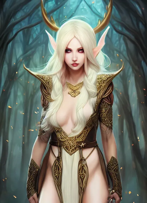 Prompt: full body portrait beautiful elf sorceress, skintight robes, hat, tunic, detailed face, golden hair, big red eyes, white skin, forest, scepter, high fantasy, extemely detailed, dnd, smooth, sharp focus, digital illustration, by artgerm, sakimichan, rossdraws