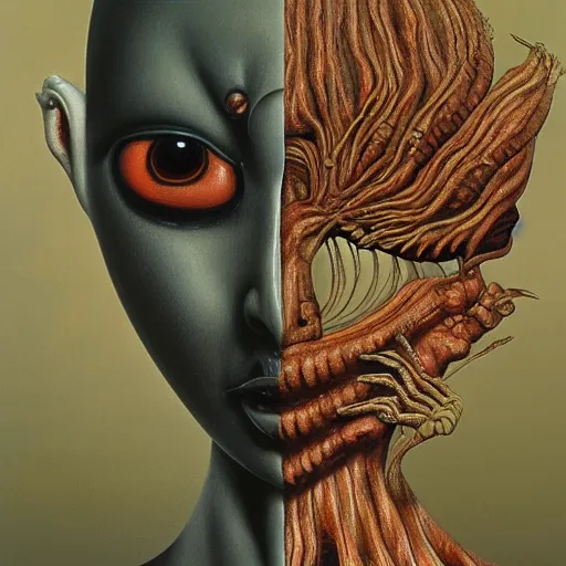 Image similar to tomie by junji ito in the style of zdzisław beksiński and h.r. giger, oil on canvas, intricately detailed artwork, full 8k high quality resolution, recently just found unknown masterpiece, renaissance painting, photorealism, 8k high detail, Sigma 85 mm f 1.4, Studio Light, Studio Ghibli, jacek yerka, alex gray, zdzisław beksiński, dariusz zawadzki, jeffrey smith and h.r. giger, oil on canvas, 8k highly professionally detailed, trending on artstation, her hair is thick, smooth and black, she is beautiful showing her true form