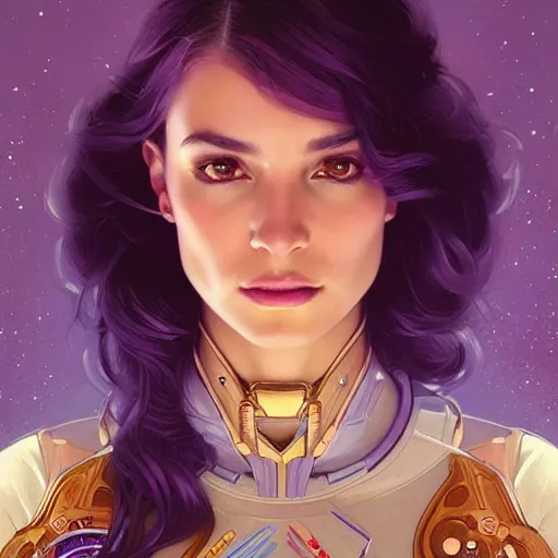 Image similar to Portrait of very very very very very very beautiful Latina woman, spacesuit, purple eyes, intricate, elegant, highly detailed, digital painting, artstation, concept art, smooth, sharp focus, illustration, art by artgerm and greg rutkowski and alphonse mucha