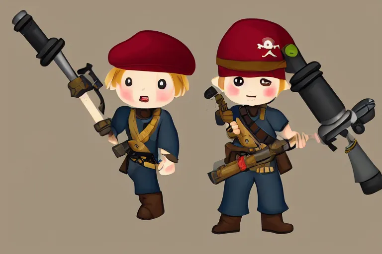 Image similar to little man with a pirate hat holds a bazooka, chibi, game character design