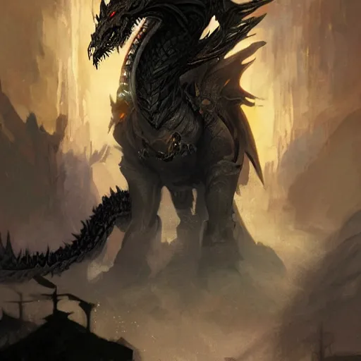 Image similar to digital art painting of and an anthropomorphic black dragon wearing armored wizard robes, dnd portrait painted by craig mullins and gaston bussiere and greg rutkowski