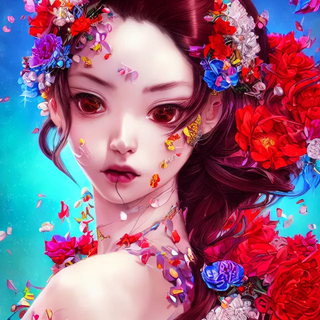 Prompt: studio portrait absurdly beautiful, elegant, graceful, young hypercolorful sensual anime girl rubies red petals gems, ultrafine hyperrealistic detailed face illustration by kim jung gi, irakli nadar, intricate linework, sharp focus, bright colors, matte, octopath traveler, final fantasy, unreal engine highly rendered, global illumination, radiant light, intricate rainbow environment
