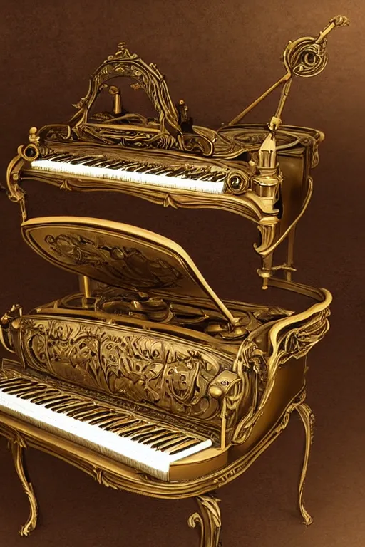 Prompt: Steampunk harpsichord, Artstation, photorealistic