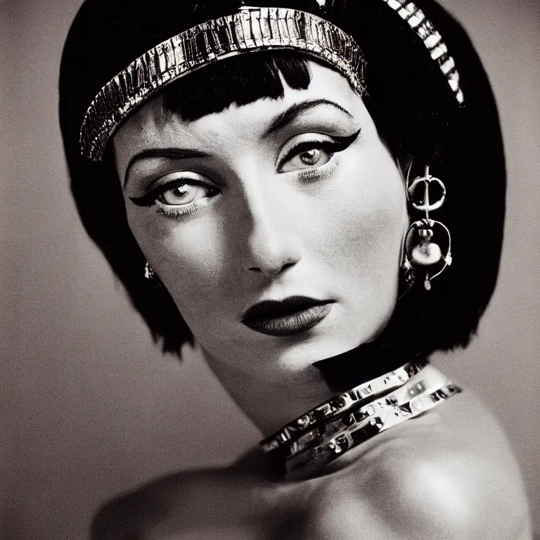 Prompt: a portrait photograph of cleopatra by richard avedon styled by andrea flesch, award winning, cooke 8 5 mm f / 1. 2, lomography color 4 0 0 film stock, low - key studio lighting,