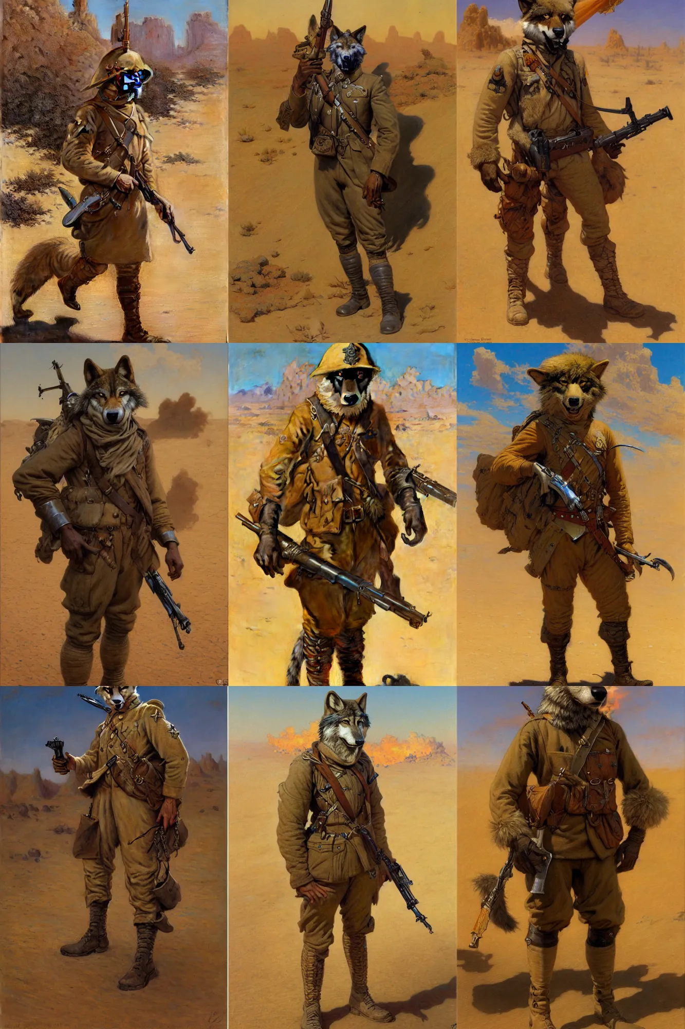 Prompt: anthropomorphic furry wolf soldier in a desert wasteland during world war 1, character design, painting by gaston bussiere, craig mullins, j. c. leyendecker, tom of finland