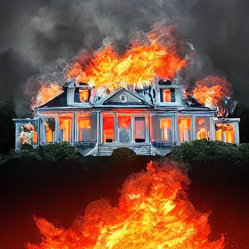 Prompt: “White mansion engulfed in flames, digital art.”