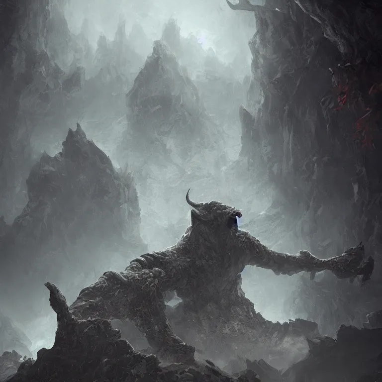 Image similar to a gigantic demon on a cobblestone hard mountain, night, scary, eerie, lighting, rim light, digital art.