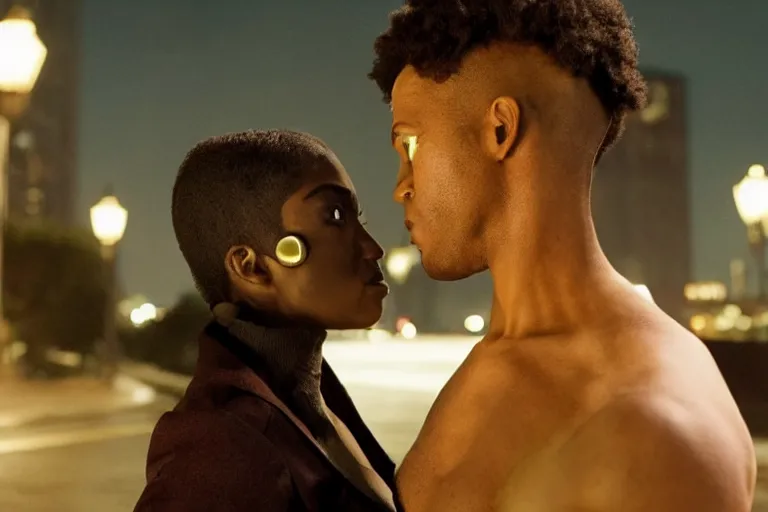 Image similar to movie powerful mutant heroes interracial couple closeup, DC Marvel fashion, VFX powers at night in the city, city street, beautiful skin, natural lighting by Emmanuel Lubezki