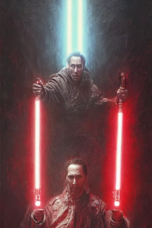 Prompt: Nicholas Cage Sith Lord holding red lightsaber, star wars, dark fantasy, intricate, highly detailed, smooth, artstation, painted by Wayne Barlowe, Greg Rutkowski, zdislav beksinski, Francis Bacon