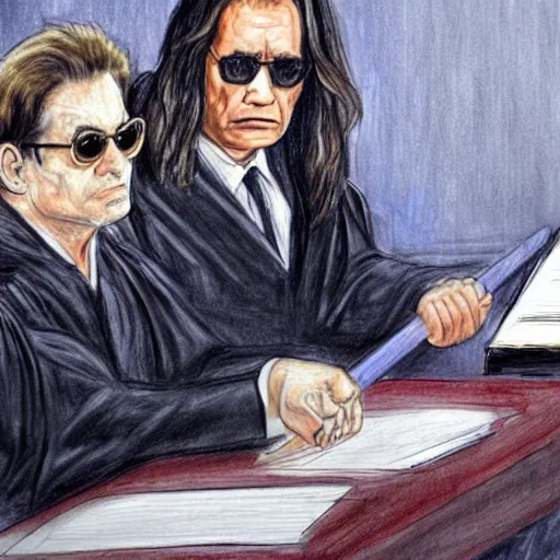 Prompt: Courtroom Sketch of Judge Ozzy Osbourne, with Arnold Schwarzenegger on trial