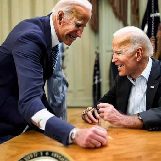 Image similar to A photo of joe biden teams up with a teenage joe biden, perfect faces, 50 mm, award winning photography